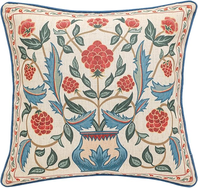 patdrea Designer Throw Pillow Covers,Square Brilliant Vintage Red Tropical Linen with Floral Pattern Pillow Cover,Decorative Pillowcases Cushion for Bed Living Room Outdoor Car,18"x18"