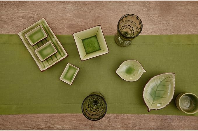 Solino Home Linen Table Runner 120 Inches Long - 100% Pure Linen Avocado Green Table Runner 14 x 120 Inch - Classic Hemstitch