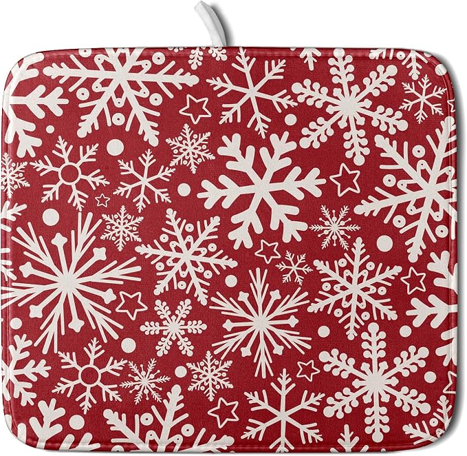 Christmas Dish Drying Mat for Kitchen Counter 16x18 Dark Red Snowflake Winter by Aytipun