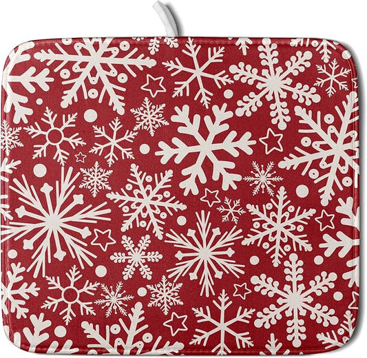 Christmas Dish Drying Mat for Kitchen Counter 16x18 Dark Red Snowflake Winter by Aytipun