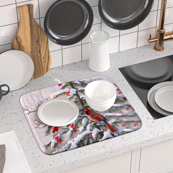 Red Birds Dish Drying Mat Winter Berry Dish Drainer Mats Absorbent Reversible - Image 6