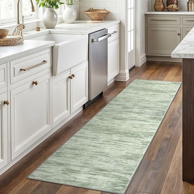 2x6 Modern Abstract Runner Rug for Hallways, Light Sage Green and Ivory Super Soft Hallway Decor Kitchen Rugs with Non-Slip, Non-Shedding Washable Rug for Entryway Bedroom Indoor