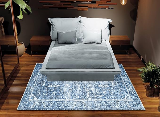 Bloom Rugs Washable Non-Slip 3' x 5' Rug - Blue Traditional Area Rug for Living Room, Bedroom, Dining Room, and Kitchen - Exact Size: 3' x 5'