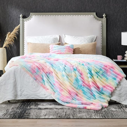 Cozy Bliss Faux Fur Throw Blanket for Couch, Cozy Warm Plush Striped Blanket for Sofa Bedroom Living Room, 50 * 60 Inches Tie-dye Rainbow