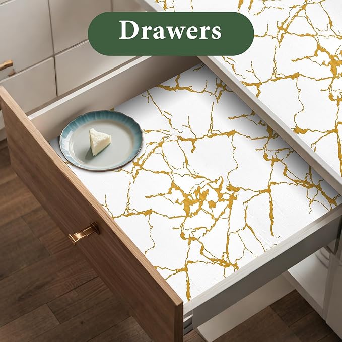 Drawer and Shelf Liner for Kitchen Cabinet Non Slip Waterproof Shelf Paper 23.6 in X 30 Ft Non Adhesive Refrigerator Liners Gold White Marble Easy Liners for Bathroom Cupboard