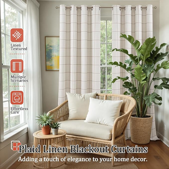 Brown Plaid Patterned Curtains Thermal Insulated - 96 Inches Extra Long Total Linen Blackout Curtains for Living Room, Boho Drapery for Farmhouse Bedroom 52x96 Inch 2 Panels