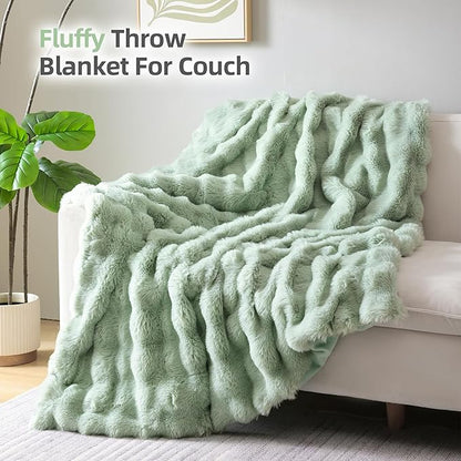 Smoofy Faux Fur Throw Blanket for Couch – Sage Fluffy Cozy Rabbit Fleece, Plush Soft Bubble Blanket for Sofa & Bed, for Mom, Warm Fuzzy Home Room Decor Throw 60" x 80"