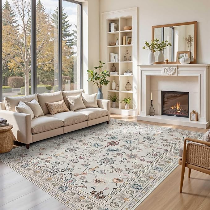 Floral Rug for Living Room Bedroom, 6x9 Washable Rug, Vintage Boho Area Rug by Rugxara