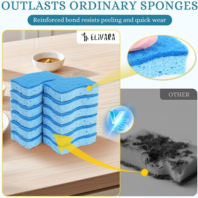 Kitchen Sponges – 12 Pack – Non-Scratch Dual-Sided Cellulose Scrub Sponges - Image 2