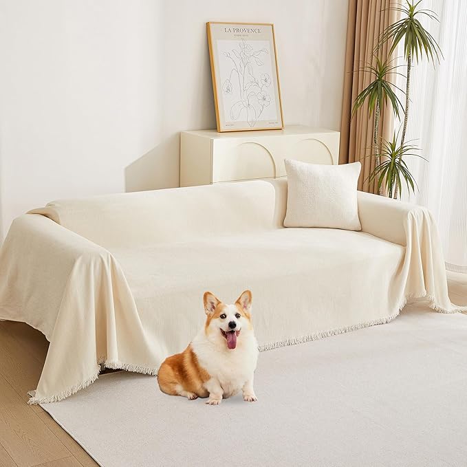 MYSKY HOME Sofa Covers Couch Cover Chenille Sofa Cover Sectional Couch Covers for 2 Cushion Couch Sofa Living Room Futon L Shaped Sofa Slipcovers for Dogs and Pets, Beige, 71"x 134"