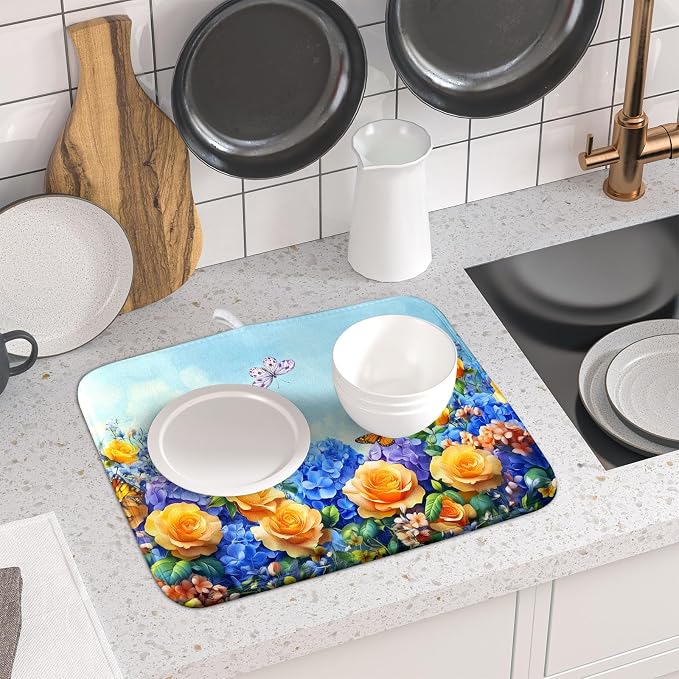 Spring Blue Yellow Hydrangeas Flowers Dish Drying Mat - Image 6