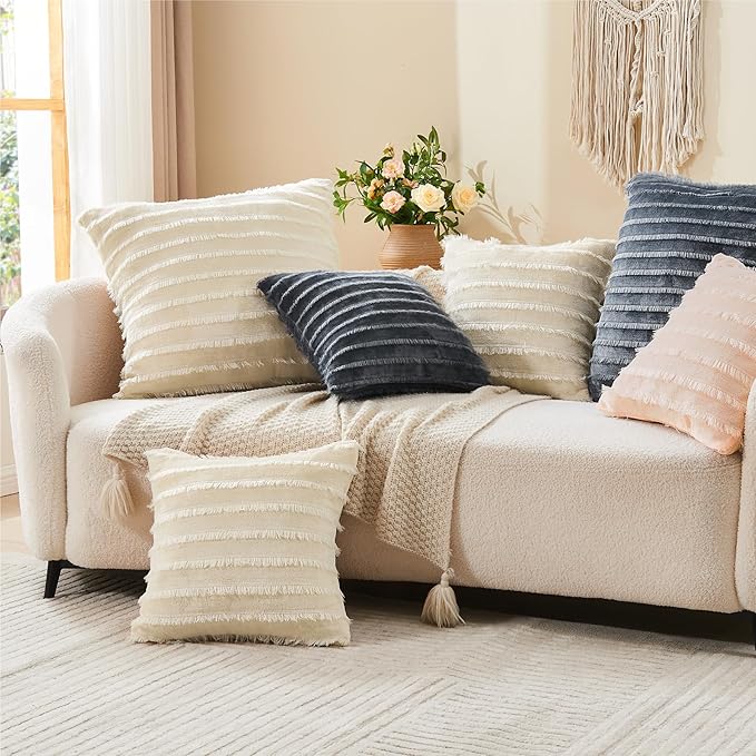 BEDELITE Velvet Pillow Covers 26x26 with Zipper, 2 Pack Super Soft Square Pillow Covers for Bedroom, Sofa, Luxury Cozy Fleece Pillowcases for All Seasons(26x26 Inches, Beige-Boho)