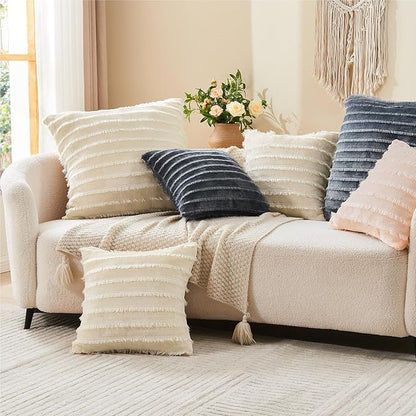 BEDELITE Velvet Pillow Covers 26x26 with Zipper, 2 Pack Super Soft Square Pillow Covers for Bedroom, Sofa, Luxury Cozy Fleece Pillowcases for All Seasons(26x26 Inches, Beige-Boho)