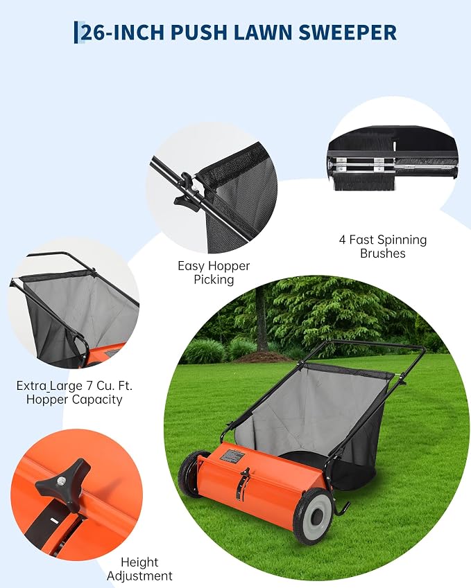 26-Inch Push Lawn Sweeper, 7 Cu. Ft. Hopper Capacity Leaf & Grass Collector - Image 5