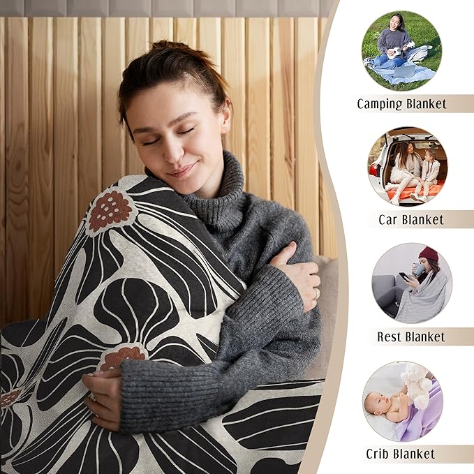 HIWX Boho Abstract Floral Kids Blanket, Boho Floral Blankets, Modern Bohemia Black Flower Throw Blanket for Kids Girls Nursery Toddler Room Bedroom Home Office Couch Bed Decor, 40x30 Inches