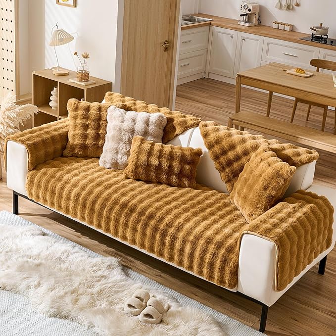 Faux Fur Couch Cover Fuzzy Soft Plush Thick Bubble Sofa Cover Luxury Sectional Couch Covers Luxury Anti-Slip Sofa Slipcover Washable Furniture Protector (Brown Yellow,28"x82")