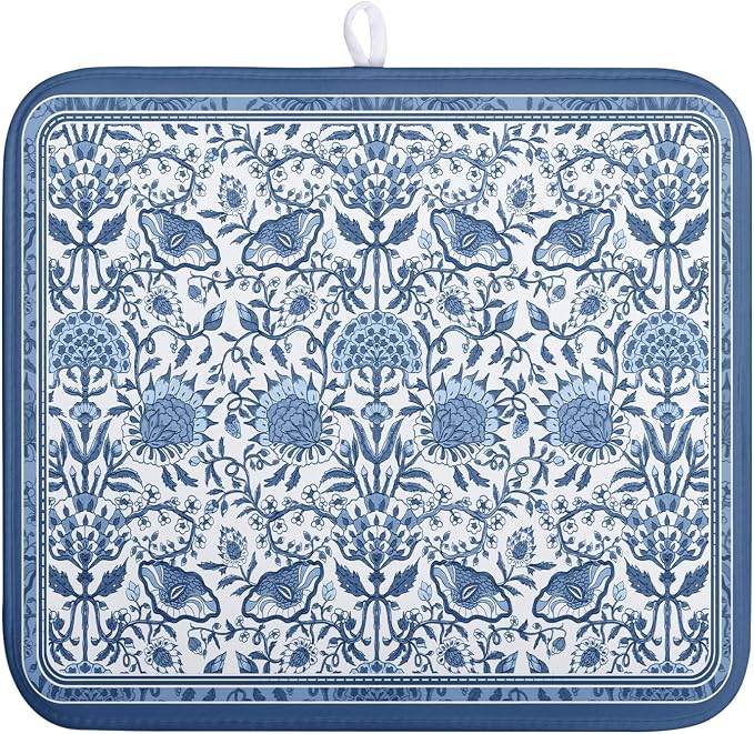 Blue Floral Dish Drying Mat for Kitchen Counter Boho Flowers Dishes Drainer by Wnoesat