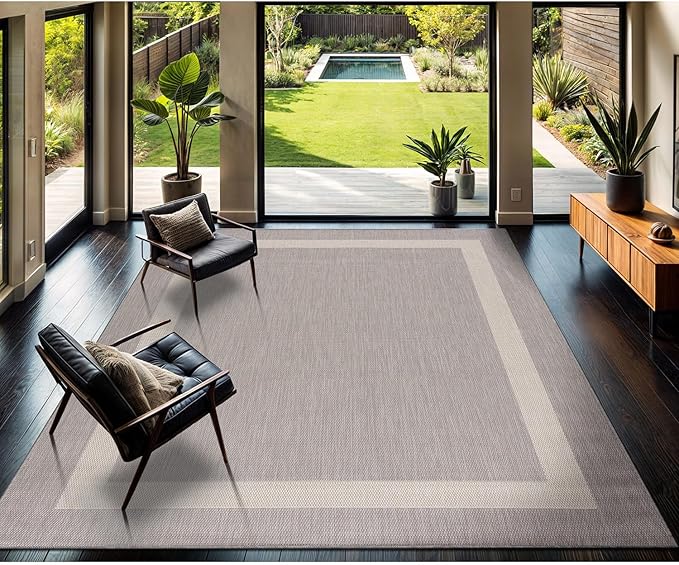 CAMILSON Outdoor Rug 8x10,Modern Outside Rugs for Patios Porches Waterproof Durable Washable Non-Shedding, Easy-to-Clean Indoor Outdoor Area Carpet (8 x 10, Bordered - Gray/White)