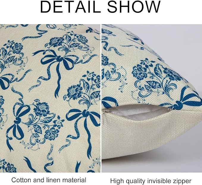 Vintage Blue Flower Pillow Cover 18x 18 Set of 2, Chinoiserie Floral Bow Decorative Linen Pillow Cushion Case,Modern Home Decor for Outdoor Couch Bedroom Car