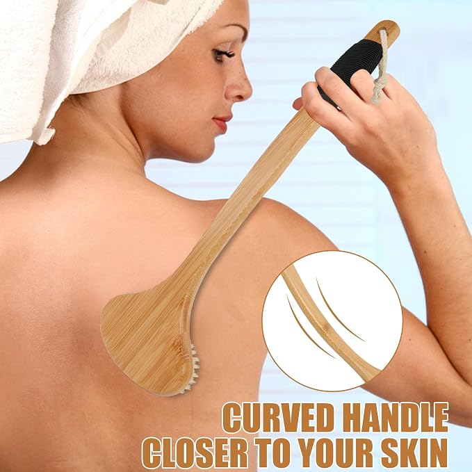 OWIIZI Back Scrub Brush for Shower, Stiff Boar Bristles Bamboo Curved Long - Image 5