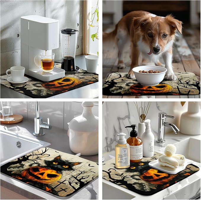 Black Cat Halloween Kitchen Dishes Drying Mat 16x18 Inch Halloween Fall Pumpkin - Image 7