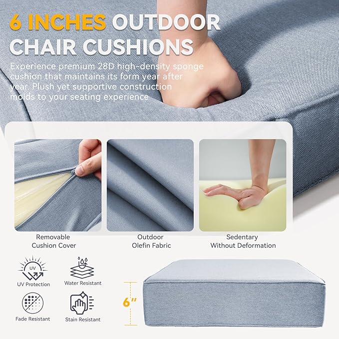 Outdoor Cushion Set for Furniture Patio Furniture, UV Resistant, Water Resistant - 6 Inch Thick Foam Garden Cushions– 22x24 Inch Patio Seat Covers for Chair/Sofa/Couch | Baby Blue | 2-Pack |