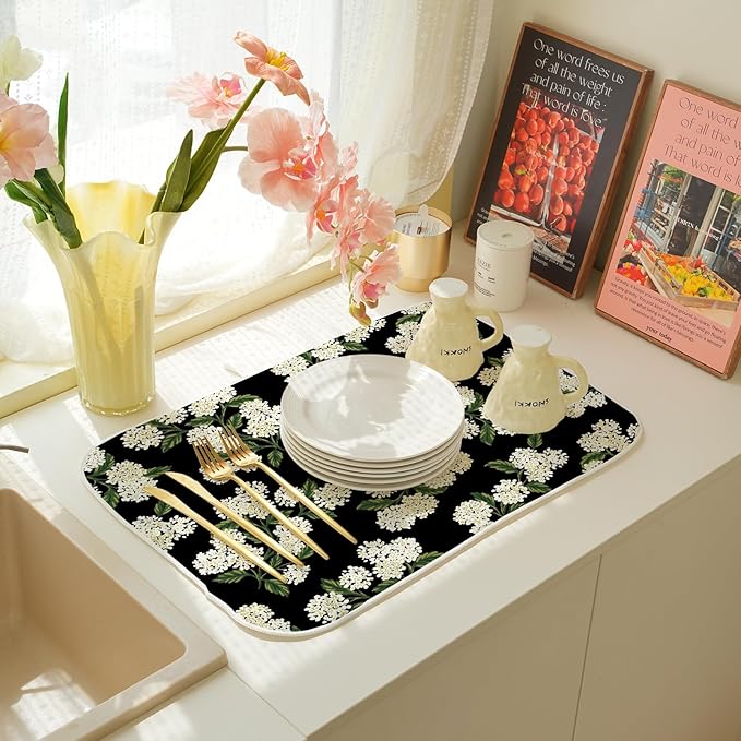 Black Hydrangea Dish Drying Mats 18x24 Inch Mats Spring Beige Green Floral - Image 6