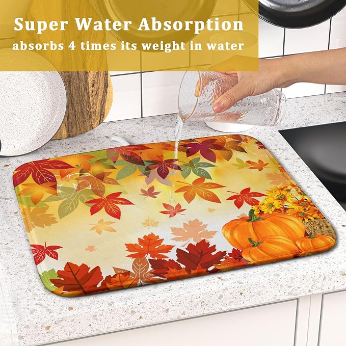 Autumn Fall Dish Drying Mat for Kitchen Counter Pumpkin Maple Leaves Drying Mat - Image 7