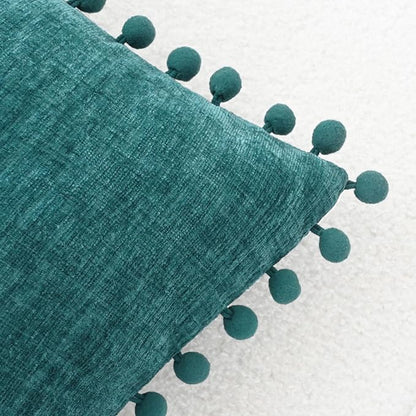 CaliTime Throw Pillow Covers Decorative 22 X 22 Inches Pack of 2 Cozy Solid Dyed Soft Chenille Cushion Cases with Pom Poms for Couch Sofa Bed Living Room Home Teal