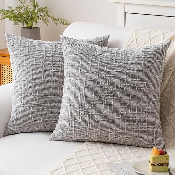 Decorative Throw Pillow Covers 18x18 Inch Set of 2, Soft Solid Farmhouse Chenille Couch Pillows, Spring Pillow Covers for Couch Sofa Bed Living Room Home Decor Pillowcase, Light Gray