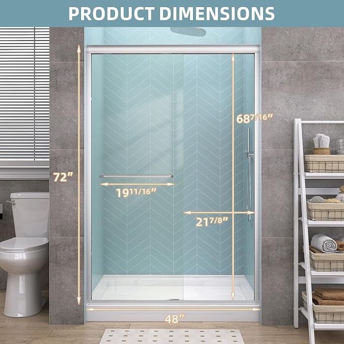 GETPRO Shower Door Sliding 44-48 in. W x 72 in. H Semi-Frameless Bypasss Double - Image 9