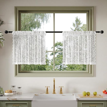Anmao Vintage Lace Kitchen Curtains 24 Inches Long 2 Panels, Romantic Semi Sheer Floral Over Sink Lacy Cafe Curtain, Elegant Window Short Small Drapes, 55W x 24L, White Leaf