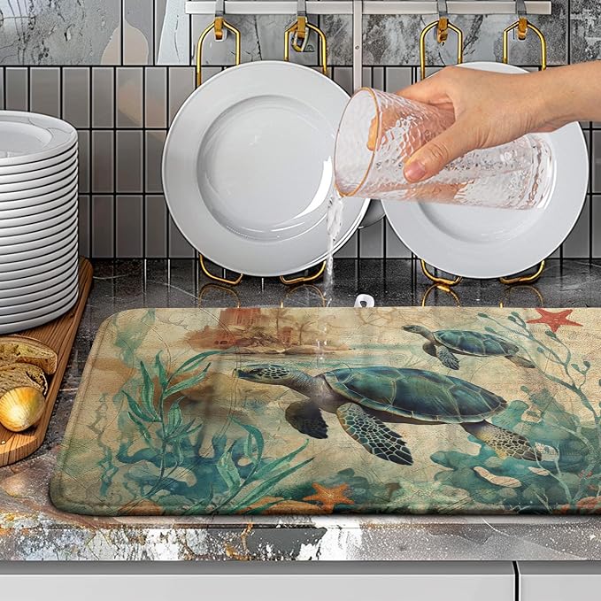Sea Turtle Dish Drying Mat for Kitchen Counter Vintage Ocean Animal Microfiber - Image 5