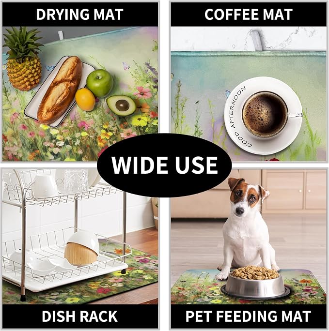Spring Floral Dish Drying Mat for Kitchen Counter 16x18 Inch Sage Green Wild - Image 7