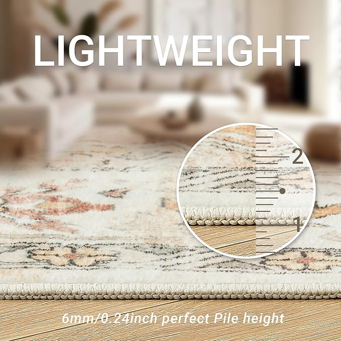 zesthome 5x7 Washable Rug-Stain Resistant Area Rugs for Living Room, Ultra-Thin Vintage Rugs, Non-Slip Backing Rug, Low Pile Large Area Rug, Boho Home Decor