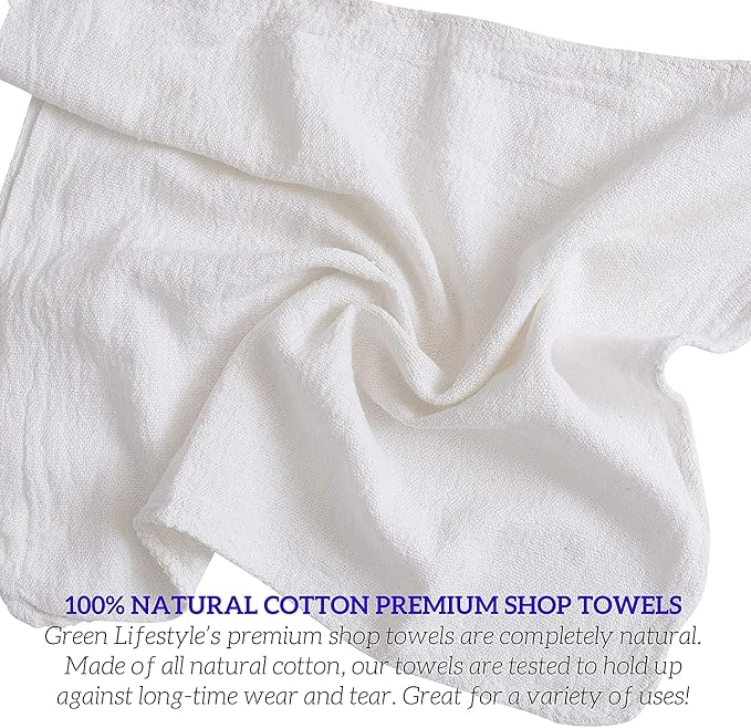 GREEN LIFESTYLE White Shop Towels 12x14, 50 Pack, 100% Cotton Super Absorbent & - Image 4