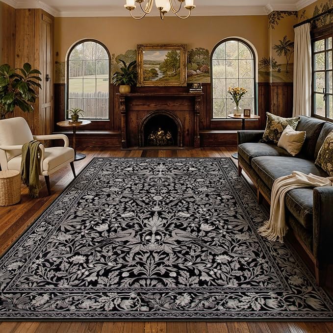 Lahome Bird Living Room Rugs 8x10, Soft Washable Black Rug by Lahome