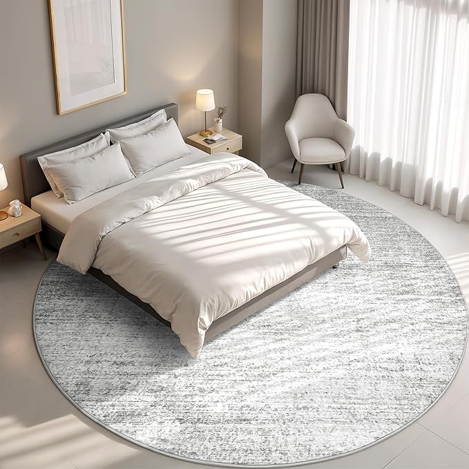 Valenrug Washable Round Area Rugs 8x8 - Stain Resistant 8ft Round Rugs for Living Room, Non Slip Backing Printed Rugs for Bedroom, Folable Machine Washable Area Rug (8ft, Grey)