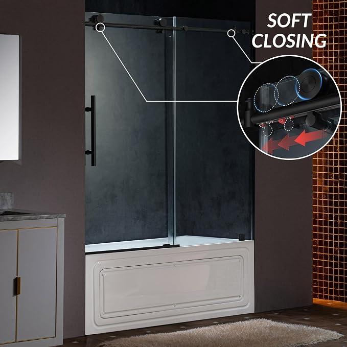 Woodbridge Frameless Single Sliding Shower Doors in Matte Black Finish - Image 2
