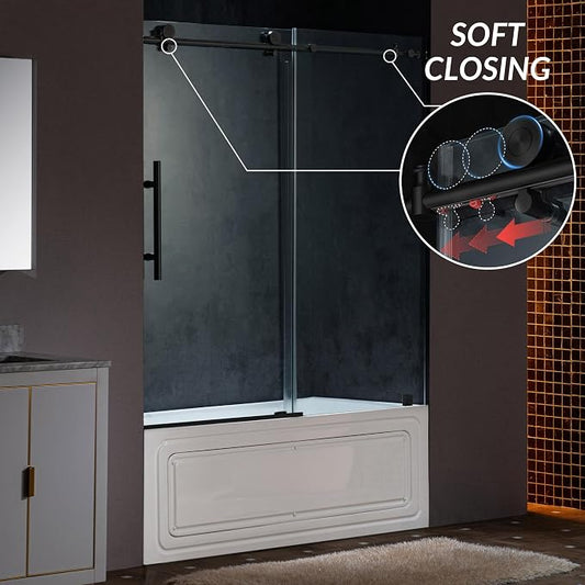 Woodbridge Frameless Single Sliding Shower Doors in Matte Black Finish - Image 2