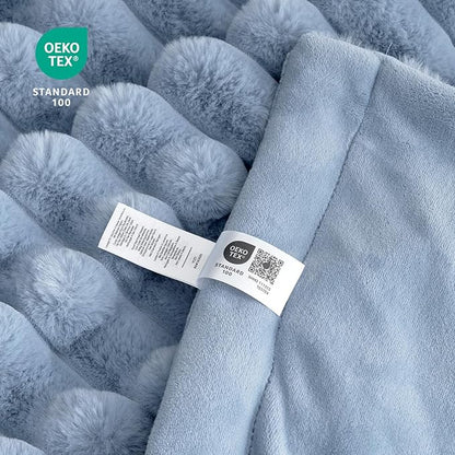 Cozy Bliss Faux Fur Throw Blanket for Couch, Cozy Warm Plush Striped Blanket for Sofa Bedroom Living Room, 108 * 90 Inches Light Blue