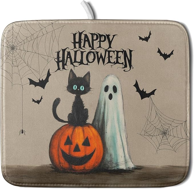 Happy Halloween Black Cat Ghost Dish Drying Mat by Sweetshow
