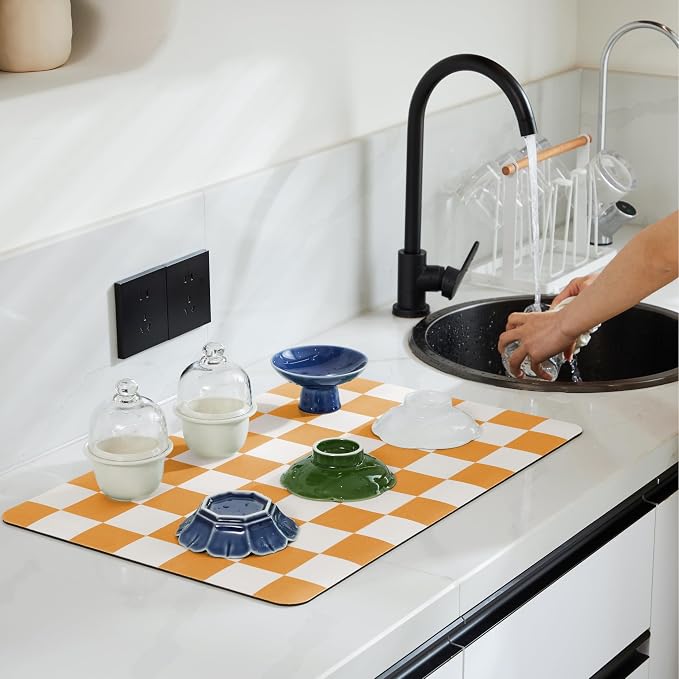Checkered Dish Drying Mat for Kitchen Counter, Coffee Bar Station Accessories - Image 2