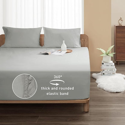Sunflower Full Fitted Sheet, 1-Piece Deep Pocket Fitted Bottom Sheet 16", 100% Cotton Sateen Soft Breathable, Silver Gray