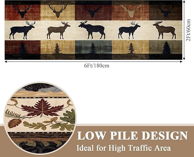 Colorful Elk Pine Tree Bohemian Hallway Rug 3.3x10ft with Checkered Texture - Retro Washable Kitchen Mat, Non-Slip Floor Decor for Dining Room Balcony, Canvas Art Style