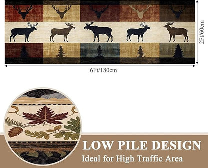 Colorful Elk Pine Tree Bohemian Hallway Rug 3.3x10ft with Checkered Texture - Retro Washable Kitchen Mat, Non-Slip Floor Decor for Dining Room Balcony, Canvas Art Style