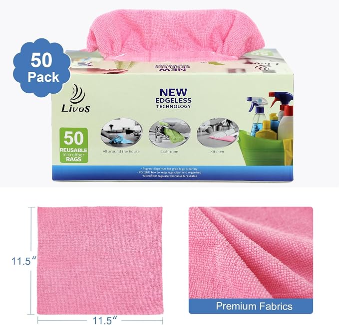 LIVOS 50 Pack Microfiber Cleaning Cloth in Box, Reusable Cleaning Rags - Image 2