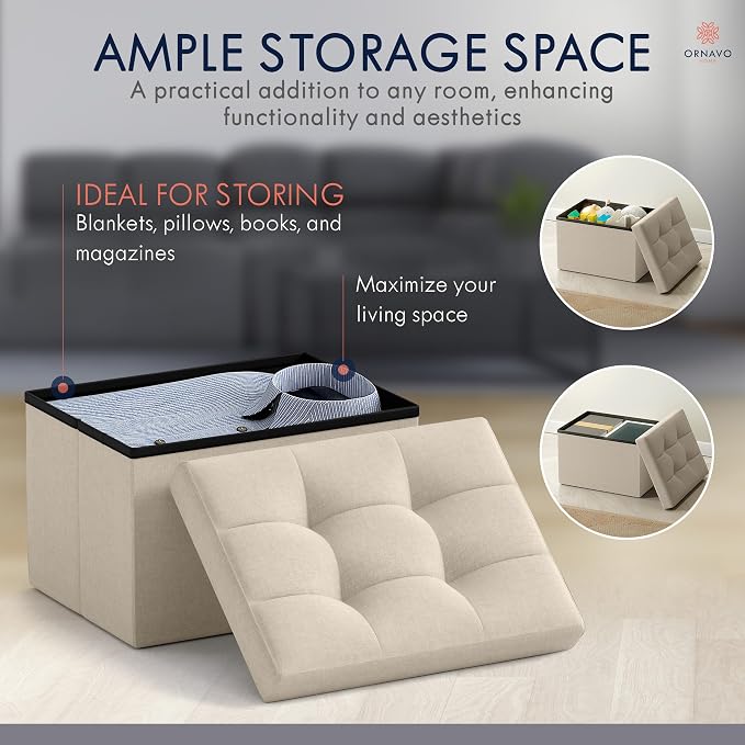 Ornavo Home Small Storage Ottoman, Foldable Collapsible Rectangle Linen Ottoman - Image 3