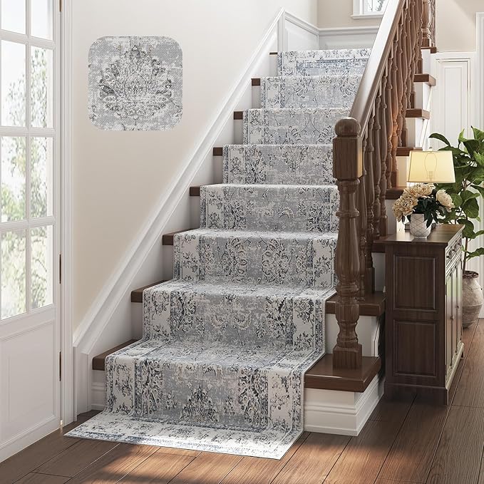 jinchan Fiora Hallway Runner Rug 3x8 Machine Washable Runner Rug Grey Vintage Floral Design Non-Slip Low Pile Ultra-Thin for Kitchen Laundry Room Bedroom Farmhouse (3‘x8', Grey)