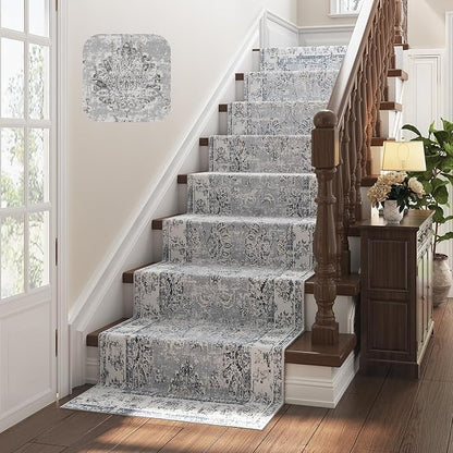 jinchan Fiora Hallway Runner Rug 3x8 Machine Washable Runner Rug Grey Vintage Floral Design Non-Slip Low Pile Ultra-Thin for Kitchen Laundry Room Bedroom Farmhouse (3‘x8', Grey)